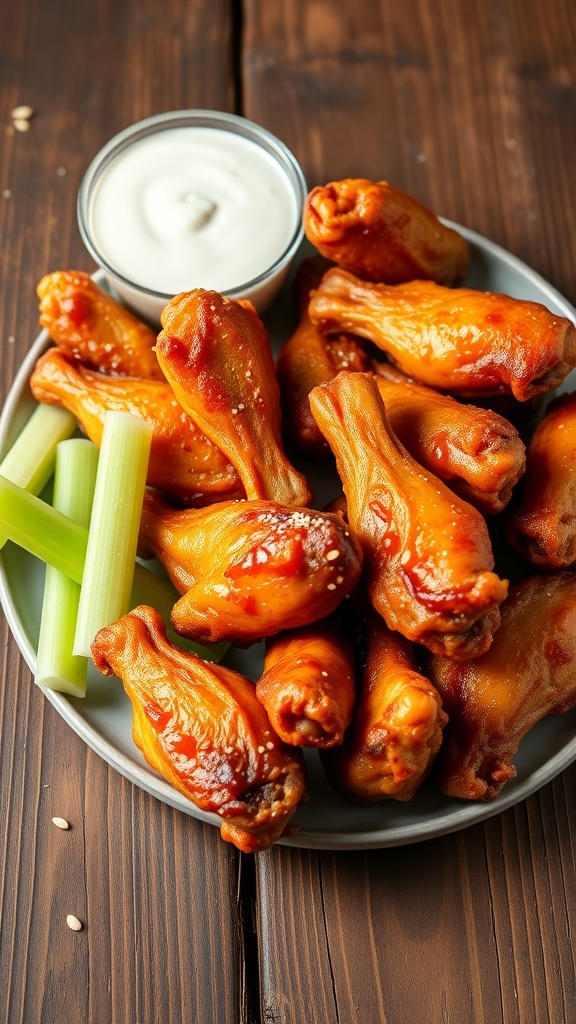 Crispy Chicken Wings Recipe A delicious plate of crispy chicken wings with ranch dressing and celery sticks on a wooden table.